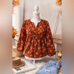 Sonoma Floral Corduroy Orange Peasant Blouse with 3/4 Balloon Sleeves Sz S